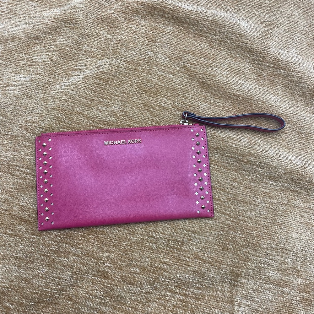 Michael Kors pink leather gold studded wristlet